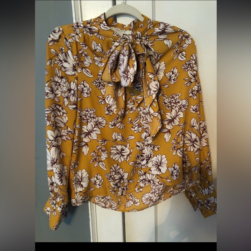 Forever 21 Boho Floral Blouse Long Sleeve Mustard Yellow S